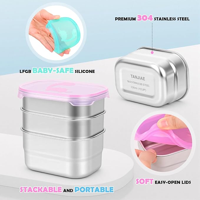 Tanjiae 6-Pack 8oz Small (1 CUP) Stainless Steel Snack Containers - 230mL Leakproof Food Containers with LFGB Certified Lids, Stackable Metal Snack Box for Home, Work, Travel