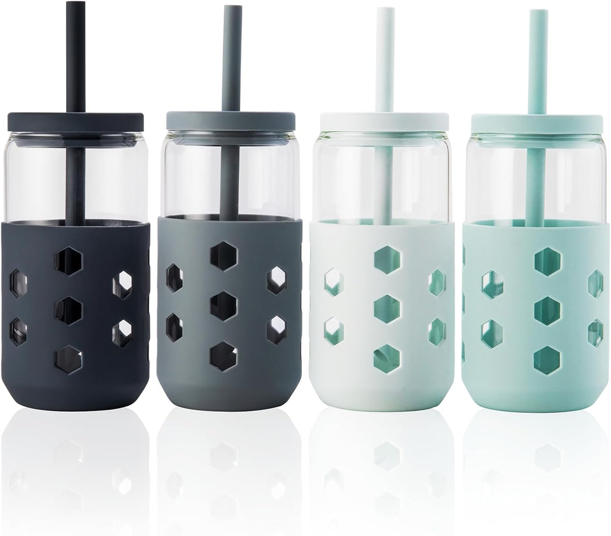 16 oz Glass Cups with Lids and Straws for Gift, 4-Pack, Grey