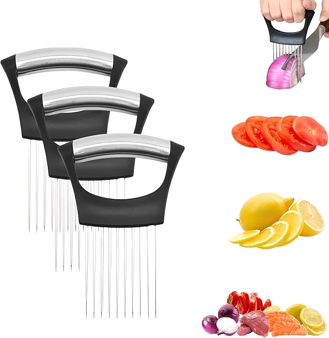 Onion Slice Holder, 2026 New Stainless Steel Onion Slice Holder Lemon Slicer Vegetable Cutter, Multifunctional Chopper Assistant Kitchen Slicer Tool for Fruit, Meat, Tomato, Onion Slicing ﻿ (3pcs)
