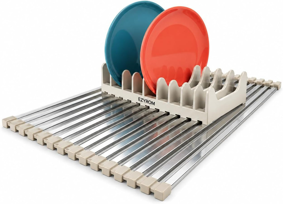 Medium Aluminum Roll Up Dish Drying Rack 17" x 13" with Dish Holder