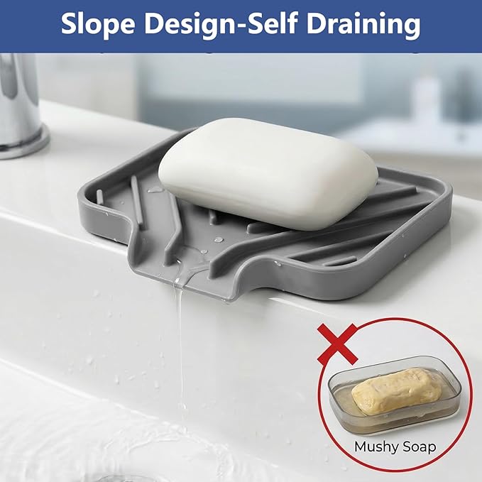 JACZZO Silicone Soap Dish for Shower and Bathroom - Small Bar Soap Holder with Self Draining Spout - Non-Slip Sink Tray Organizer for Kitchen Counter and Narrow Ledge, Gray (3.5" x 5")