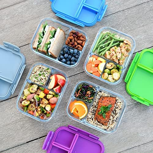 Glass Lunch Box, Leak-Proof, 3-Compartment, 5-Cup Capacity