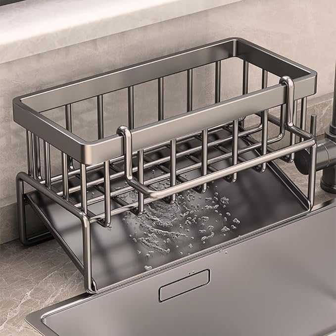 Sink Caddy Kitchen Sink Organizer, Sponge Holder for Kitchen Countertop for Dish Brush Gloves, Dish Cloth Hanger, Rustproof Kitchen Caddy with Drip Tray (Grey)