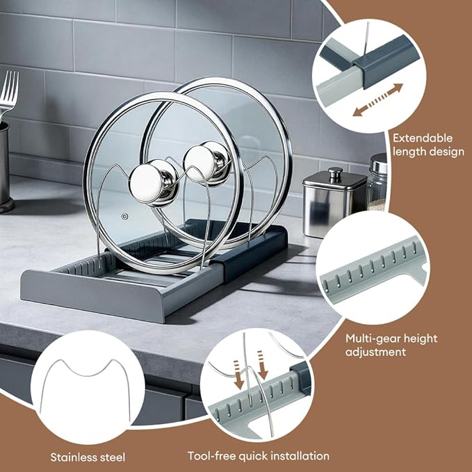 Pot and Pan Organizer Rack for Cabinet - Expandable 12" to 22" Kitchen Cabinet Organizer with 7 Dividers, Heavy-Duty ABS Base for Lids, Cutting Boards, Bakeware, Cookware Storage, Grey