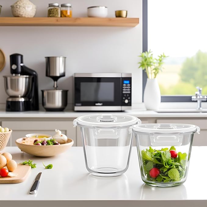 H.JSS WDJS 3 Cup Round Glass Meal Prep Containers with Lids,24oz Glass Food Storage Containers with Spoons, Heat-Resistant BPA-Free for Soup, Leftover, Oven, Dishwasher, Fridge, Freezer Safe (2 Pack)