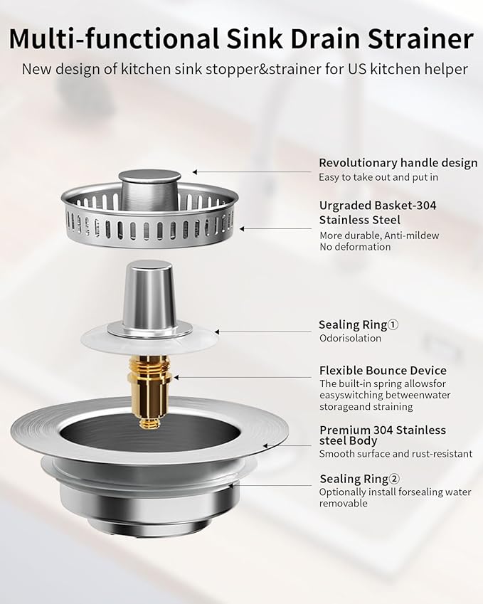 3 in 1 Kitchen Sink Drain Strainer [304 Stainless Steel Pop Up] Anti-Clogging Kitchen Sink Drain Stopper Stainless Steel Efficiently Drainage Odor Filter Sink Plug for Us Standard 3-1/2 Inch