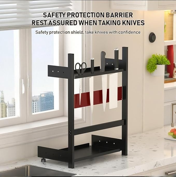 3-Tier Spice Rack Organizer with Knife Holder, Black Metal Counter Storage Shelf, 15.75x15.5x6.69 Inch, Adjustable Height, Detachable Design