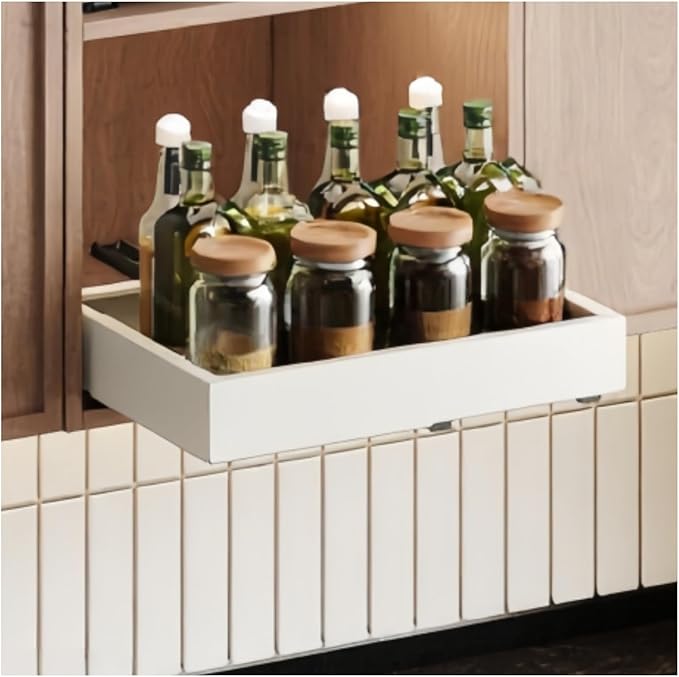 Fokyfok Pull out Cabinet Organizer,Width (11"-18") and Depth (10"-13") Expandable,No Drill Adjustable Slide out Drawers for Pantry,Adhesive Roll out Shelves Short,for upper cabinet,White（1PC）