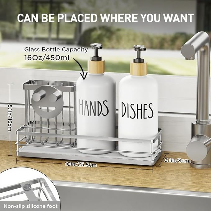 Moforoco Kitchen Dish Soap Dispenser Set, 16OZ Glass Bottle, Hand and Dish Soap Dispenser Set, Instant Dry Tray, Brush Holder with Smiley Face Sponge Holder (Silver Tray+White Bottle)