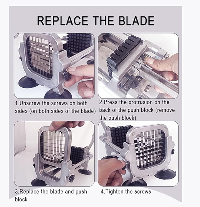 French Fry Cutter Stainless Steel, Heavy Duty Stainless Steel Manual Potato Slicer, Commercial 1/2 3/8 and 1/4 Inch Blades Potato Cutter with Brush, Wrench & Sucker (1/2"&1/4"&3/8" cutter)