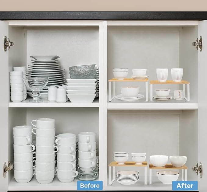 NEX Kitchen Cabinet and Counter Shelf Organizer, Stackable & Expandable, White and Natural