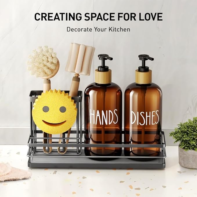 Moforoco Kitchen Dish Soap Dispenser Set, 16OZ Glass Bottle, Hand and Dish Soap Dispenser Set, Instant Dry Tray, Brush Holder with Smiley Face Sponge Holder (Black Tray+Amber Bottle)