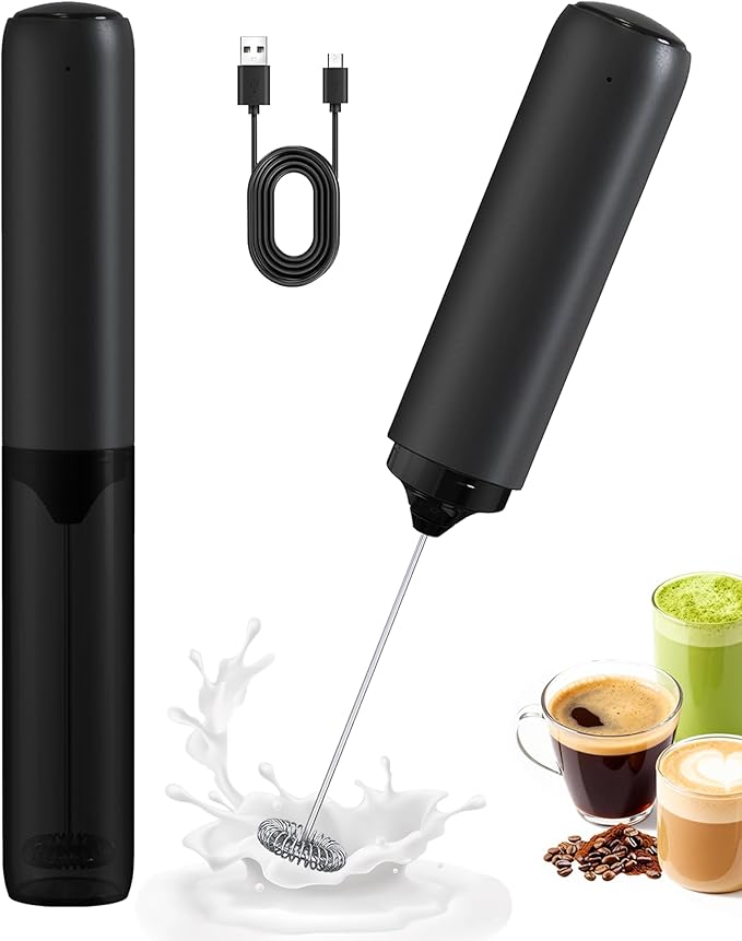 Rechargeable Milk Frother Handheld with Cover, Electric Drink Mixer with Stainless Steel Whisk - Portable Hand Frother Wand for Matcha Latte Cappuccino & Hot Chocolate, Black