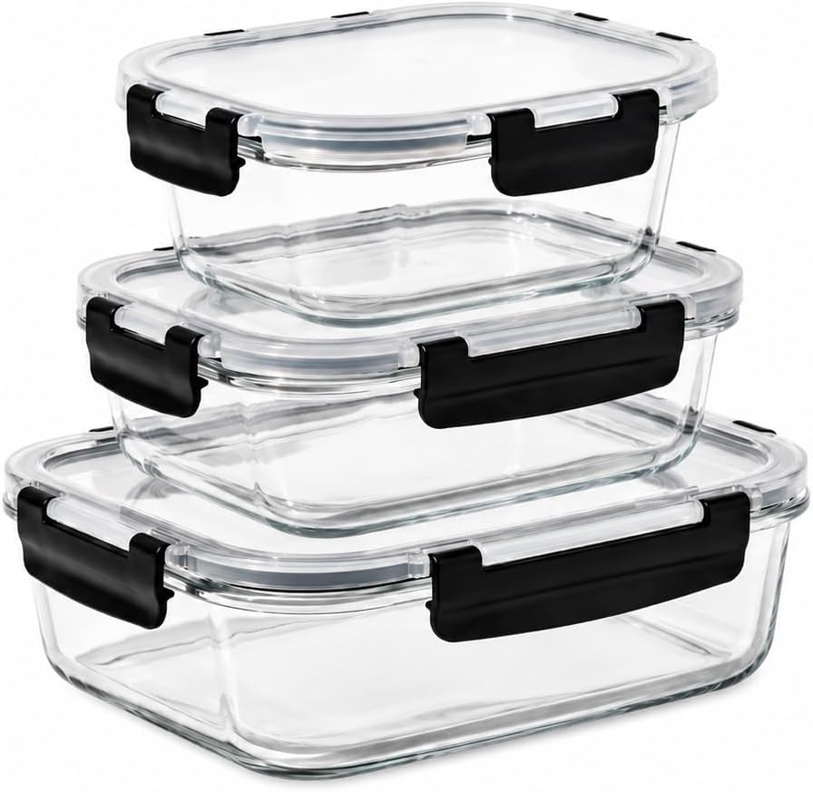 Glass Storage Containers with Lids Set of 3 | Clip-Lock Tempered Glass | Microwave Dishwasher Freezer Safe
