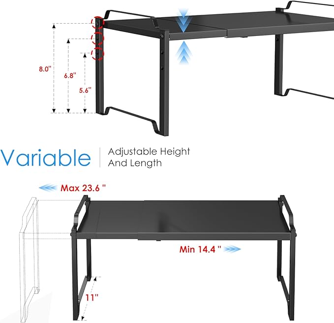 2 Pack 11” Width Expandable Kitchen Cabinet Organizer Shelves, Metal Kitchen Countertop Organizers and Storage Shelving, Heavy Duty Stackable Storage Rack Shelf For Pantry Cupboard Counter Tabletop