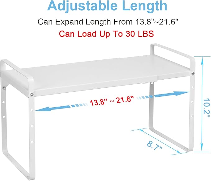 Set of 2 Expandable Cabinet Shelf Organizer, Stackable Kitchen Countertop Shelves Spice Racks, Small Storage Shelf For Cupboard Counter Tabletop, 30 LBS Heavy Duty, Adjustable, 13.8" to 21.6" Long