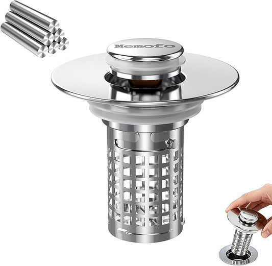 Bathroom Sink Drain Strainer, Stainless Steel Pop-up Strainer Basket Hair Catcher with Removable Basket, Brass Bullet Core