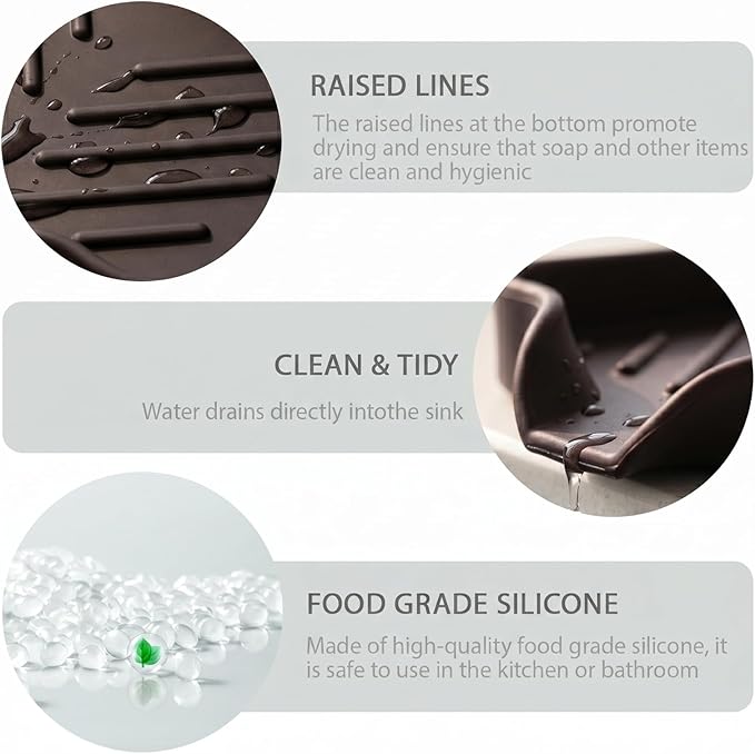 MicoYang Silicone Soap Dish with Drain Spout, Self-Draining Sink Organizer Tray for Bathroom and Kitchen, Sponges, Dispensers and Soap Holder, Non-Slip and Dishwasher Safe, Coffee (Compact, 4.9"×3.2")