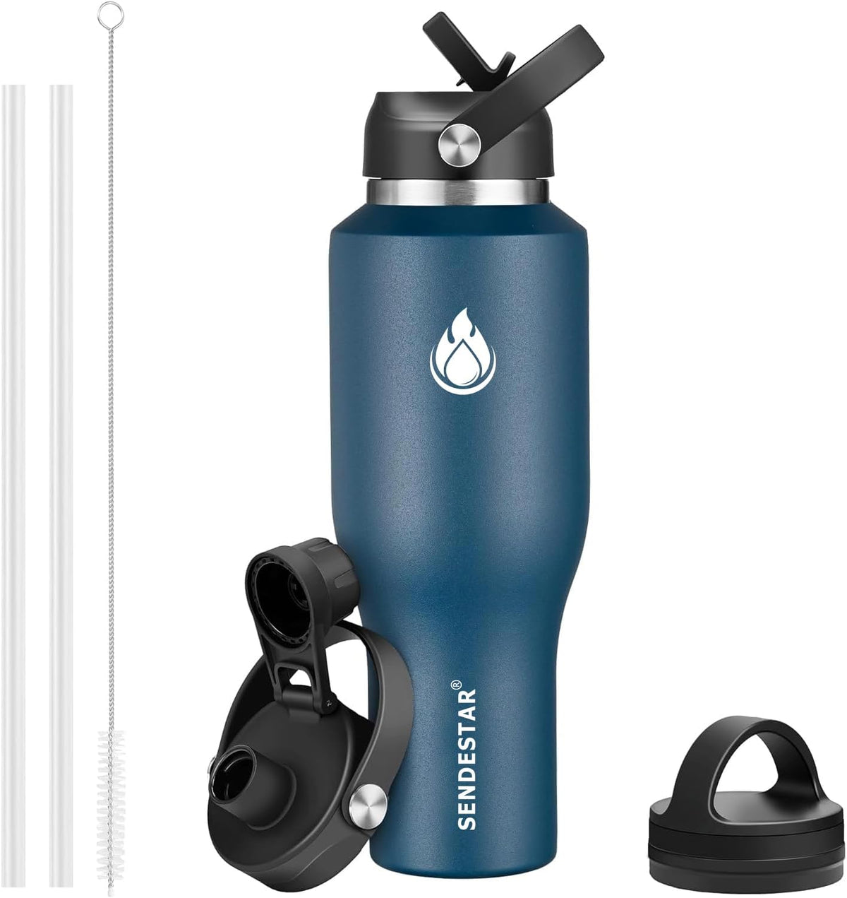 40oz Stainless Steel Water Bottle(Cold for 48 Hrs, Hot for 24 Hrs),Double Wall Vacuum Insulated Bottle with Straw Lid, Spout Lid and Flex Cap, Fit in Any Car Cup Holder，Navy