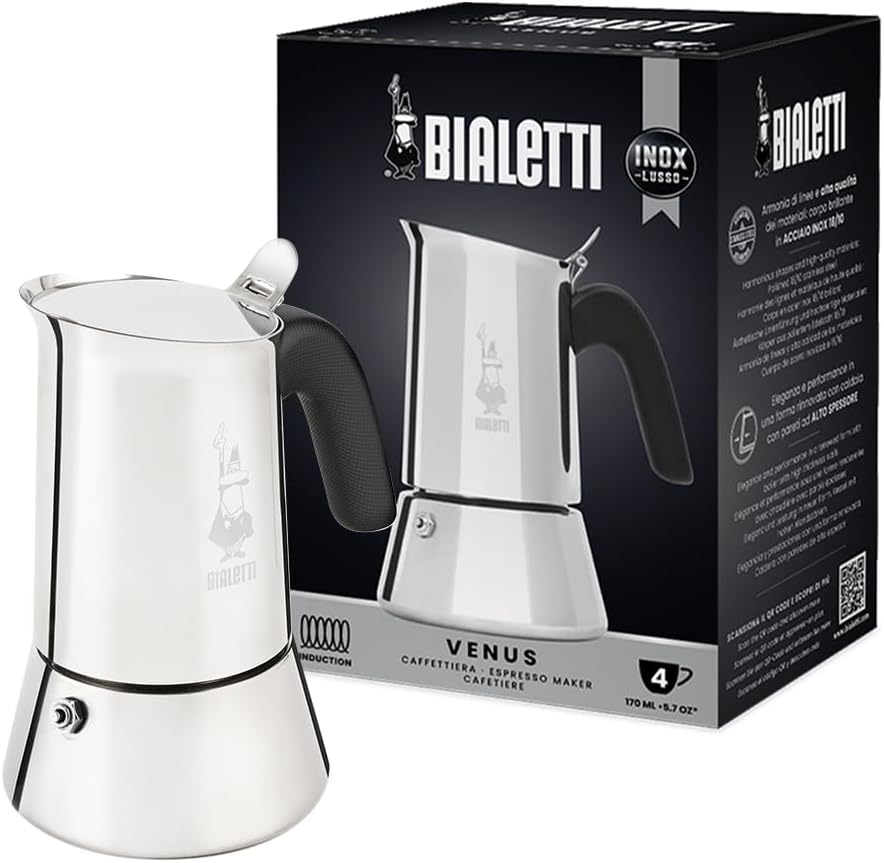 Venus Induction, Stovetop Coffee Maker, Suitable for all Types of Hobs, Stainless Steel, 4 Cups (5.7 Oz), Silver
