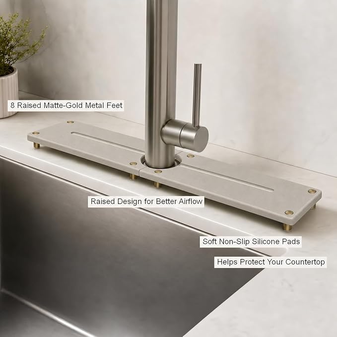 Stone Faucet Mat for Kitchen Sink, Water Absorbing Sink Tray Organizer for Bathroom Counter, Diatomite Soap Dish Coaster Caddy Riser, Sponge Holder Dispenser Mat, Gold Beige, 23.6" x 4"