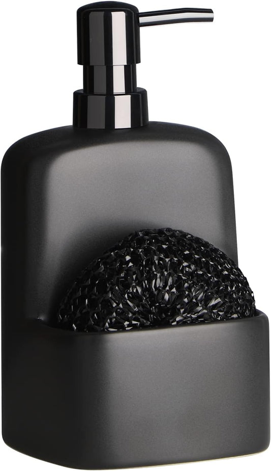 Dish Soap Dispenser - Kitchen Soap Dispenser with Sponge Holder Matte Ceramic Soap Daddy Dispenser 20oz for Kitchen (Matte Black)