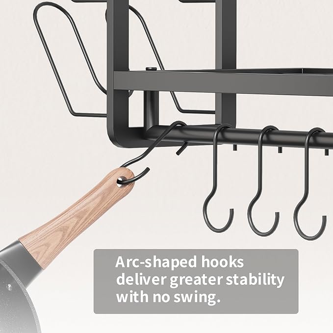 VOPEAK 30" Pot Rack Wall Mounted with 6 Detachable Pot Lid Holders,12 Adjustable S Hooks for Hanging Pans,2 Tier Black Heavy Duty Metal Shelves for pots and pans Organizer,200lbs Capcity,Space Saving
