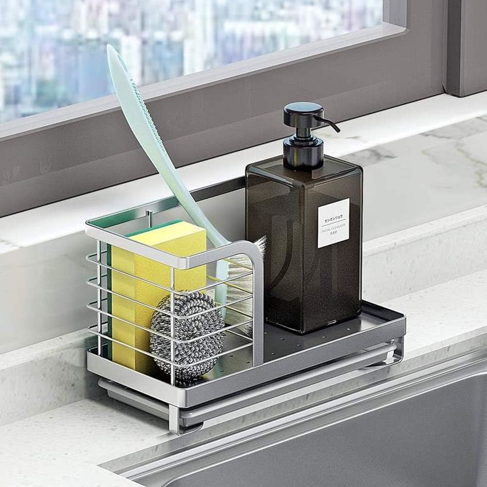 Kitchen Countertop Dish Soap and Dishwashing Brush Holder, SUS 304 Stainless Steel Sponge Organizer, Basket for Cleaning and Scrub Tool, Kitchen Sink Brush Caddy Holder