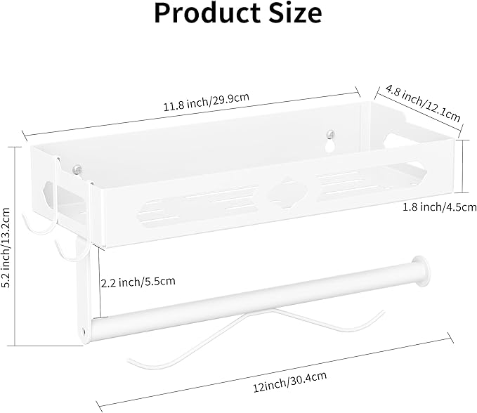 Paper Towel Holder with Shelf, One Hand Tear, Paper Towel Holder Wall Mount with 2 Detachable Hooks for Kitchen, Bathroom, White