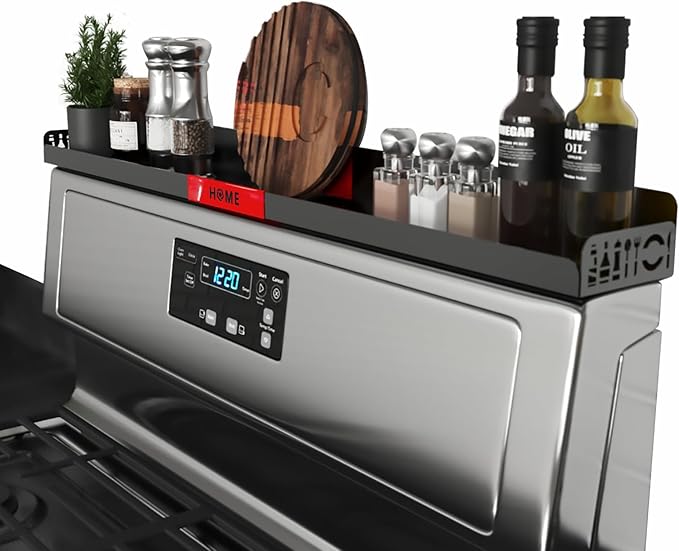 STUTOV 30" Magnetic Stove Top Shelf – Black Spice Rack with Red HOME Design – Seasoning Organizer for Back of Stove – Over Stove and Kitchen Storage Shelf