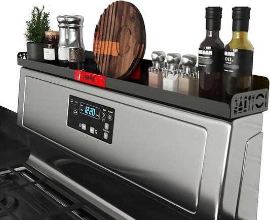 STUTOV 30" Magnetic Stove Top Shelf – Black Spice Rack with Red HOME Design – Seasoning Organizer for Back of Stove – Over Stove and Kitchen Storage Shelf