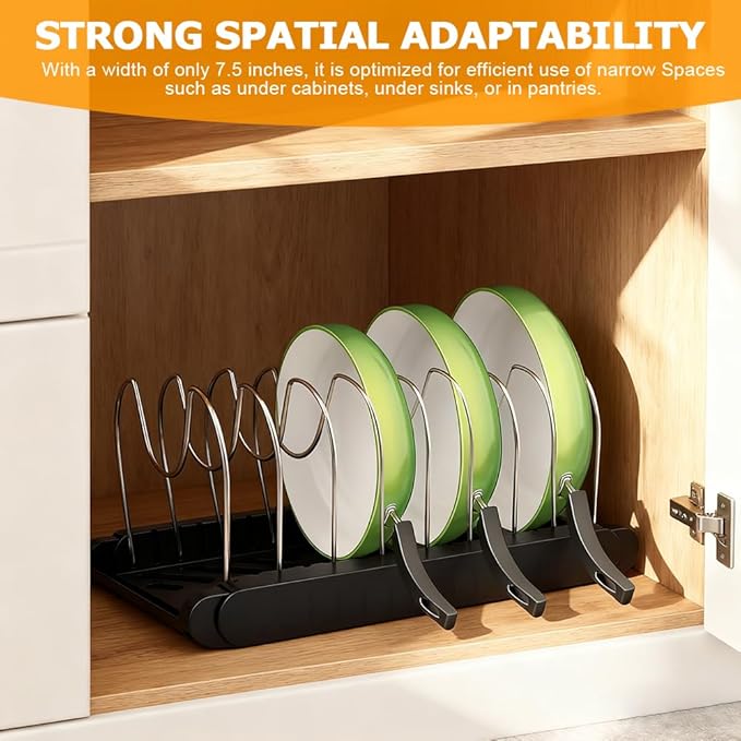 Pot and Pan Organizer, Expandable Pan Organizer for Cabinet, Pot Lid Holder with 10 Adjustable Compartments for Kitchen Cabinet Cookware Baking Frying Rack(Black)