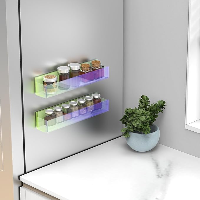 VAEHOLD Adhesive Acrylic Spice Rack with Nano Double Sided Tape Wall Mount Organizer, Wall Spice Rack With Shelf Ends for Kitchen Cabinet Door - 2 Pack 12‘’ Shelves (Colorful)