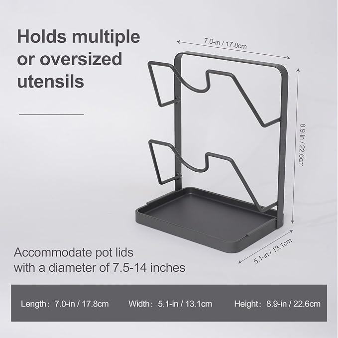 Pot Lid Holder While Cooking, Kitchen Pot Lid Storage Rack for stove top, Multifunctional Kitchen Pot Lid Organizer for Countertop (Iron,Dark Grey)