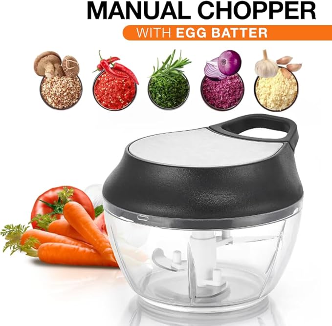Manual Food Processor Vegetable Chopper, Portable Hand Pull String Garlic Mincer Onion Cutter for Veggies, Ginger, Fruits, Nuts, Herbs, etc., 2 Cup With Egg Batter and Garlic Peeler, W1031-1