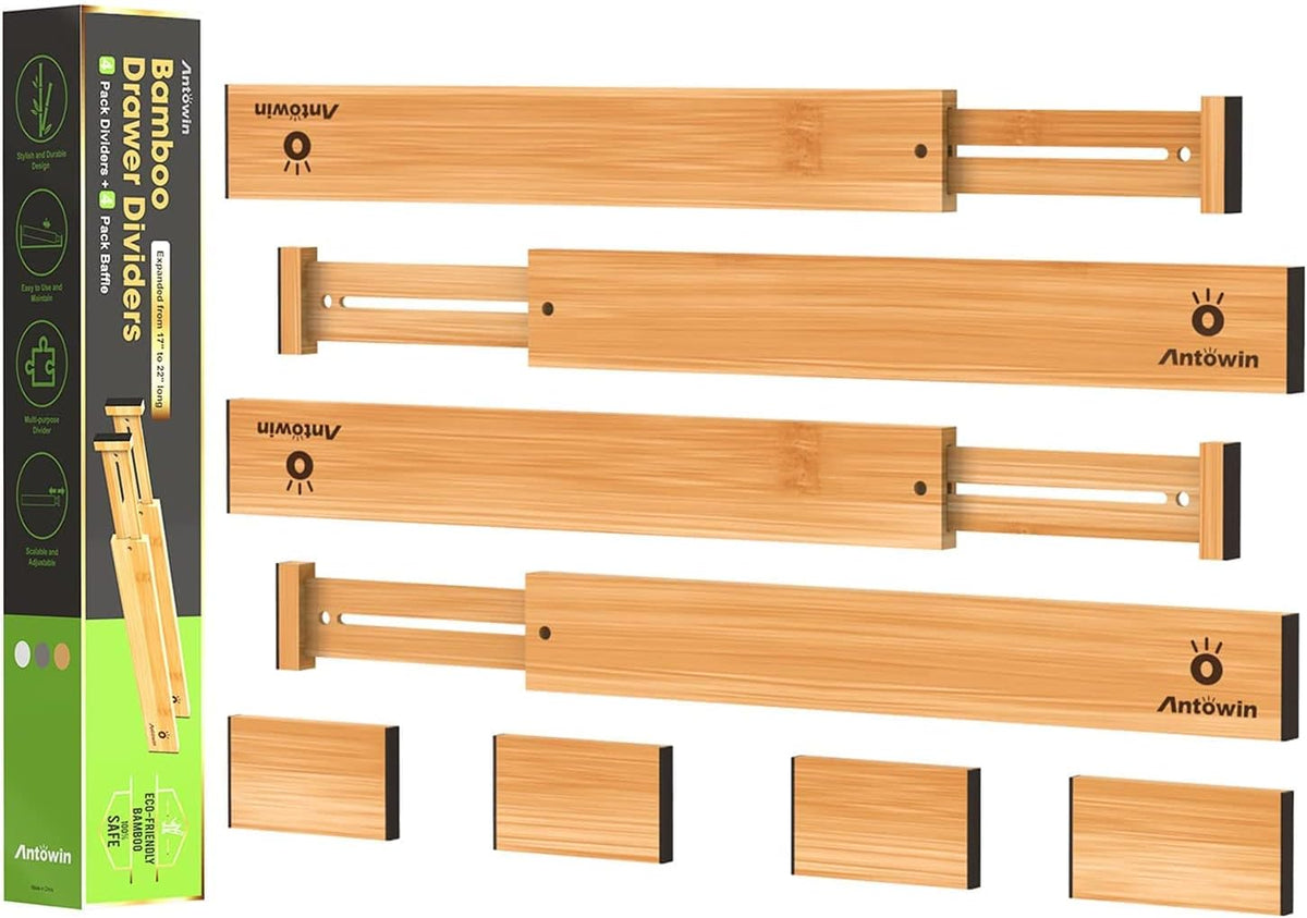 4 Pcs Expandable Bamboo Drawer Dividers, Fits 17.6-21.6" Drawers