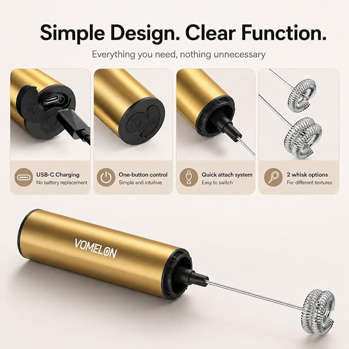 Rechargeable Electric Milk Frother Handheld,2-Speed Travel Frother with Tube Case, Milk Foamer Coffee Frother for Latte, Cappuccino, Drink Mixer with 2 Stainless Whisks and Charger Golden