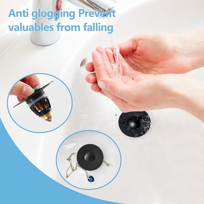 QYHNYJF Black Bathroom Sink Stopper – Pop Up Drain Stopper & Sink Strainer, Universal Sink Plug for 1.1" to 1.5" Bathroom Sink Drain Pipes, Matte Black Finish