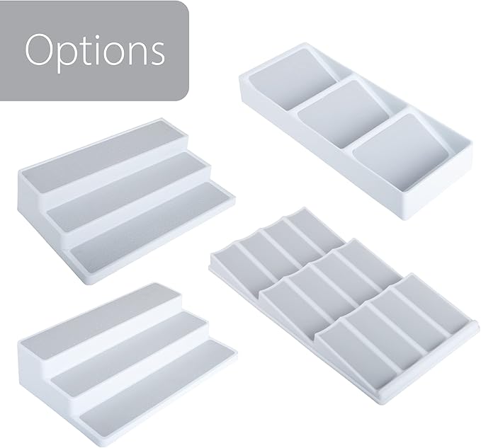 Smart Design 3 Section Plastic Spice Rack Drawer - Non-Slip Lining and Feet - BPA Free - Seasoning Jars, Makeup Storage, Countertop Bottle Tray, 3 Tier - Pantry Kitchen Organizer - White with Gray