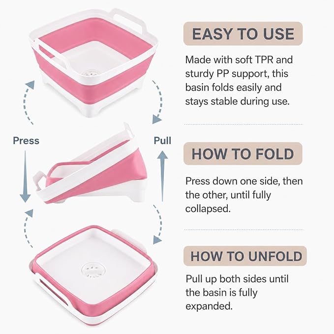 2.4 Gal(9L) Collapsible Dish Basin with Drain Plug, Space Saving Outdoor Multiuse Foldable Sink Tub, Dishpan, Kitchen Storage Tray for Camping, Vegetable Washing, RV (Pink)