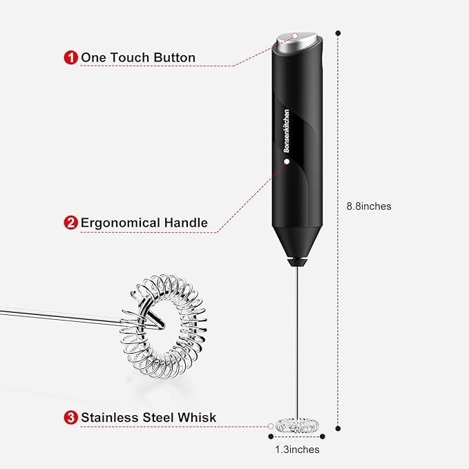 Bonsenkitchen Powerful Milk Frother for Coffee, Fast Handheld Drink Mixer with Stainless Steel Whisk, Battery Operated Hand Frother Stirrer Wand-Black