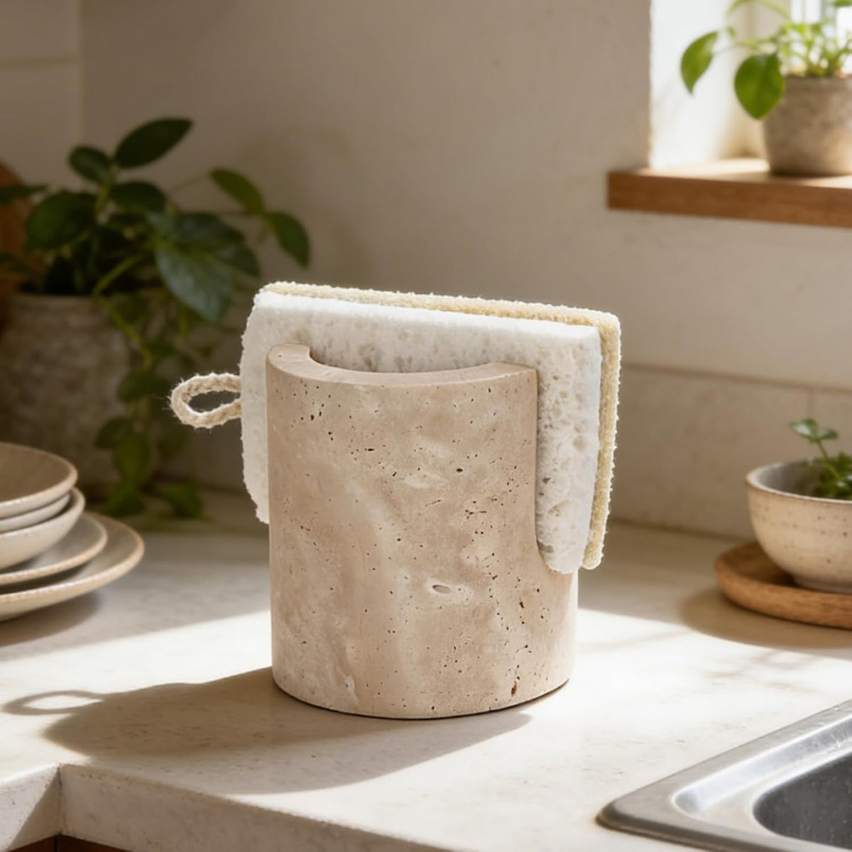 Natural Travertine Sponge Holder for Kitchen Sink w A Plant-Based Sponge