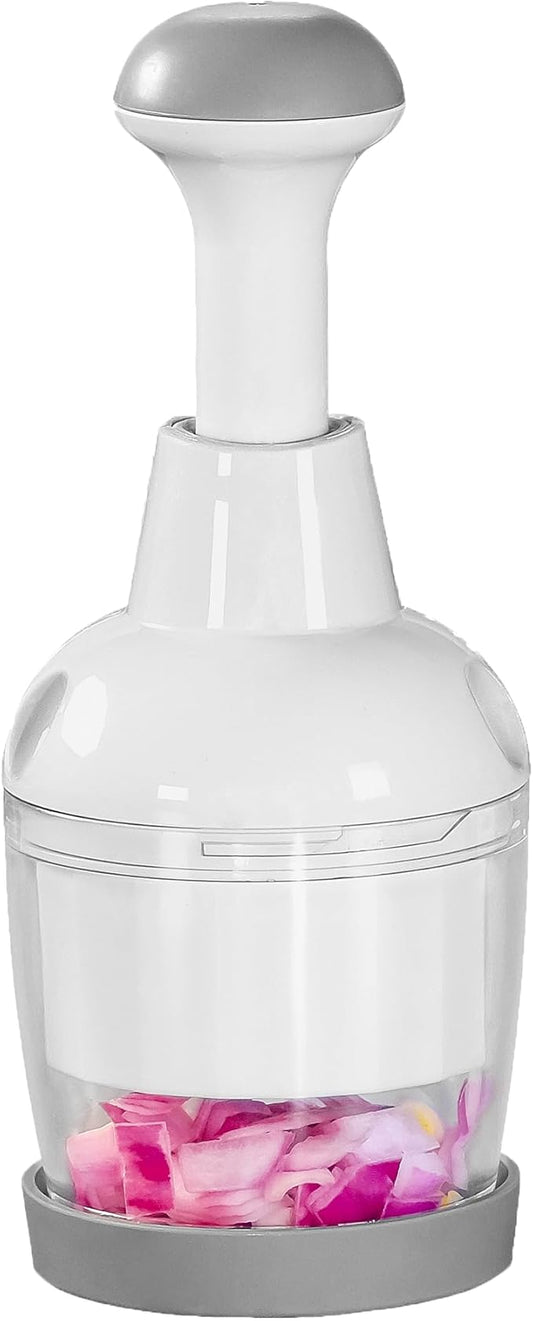 Food Chopper with Container – Manual Onion & Vegetable Chopper, 360° Stainless Steel Blades, Handheld Garlic Nut Veggie Cutter, Dishwasher Safe, Easy to Clean, White