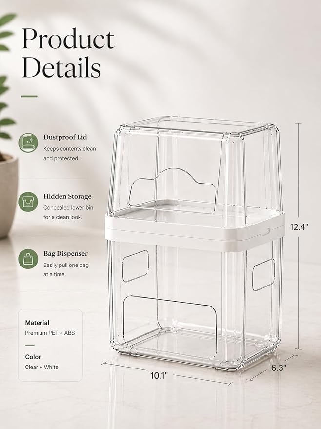 Trash Bag Dispenser & Dishwasher Pods Organizer, Clear Acrylic Garbage Bag Holder Under Sink Organizer With Removable Lid, Laundry Pods Container for Kitchen Pantry Laundry Room