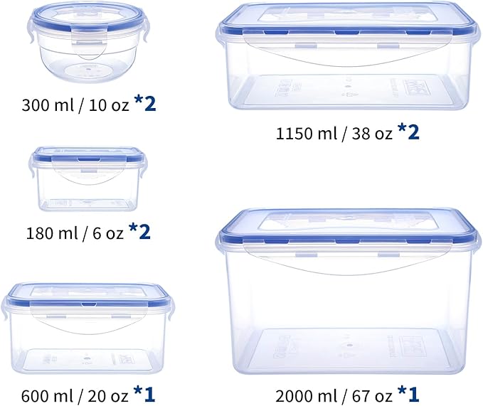 KIGI Food Storage Containers, 4-Sided Locking Lids, Airtight & Stackable, Ideal for Meal Prep, Lunch & Leftovers, BPA-Free Plastic, Multi-Size Multi-Use Set, 16 Pieces