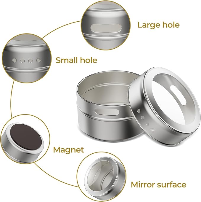 Vetacsion Set of 16 Magnetic Spice Tins with 4 Metal Wall-Plates,100 Preprinted Seasoning Label Stickers,2 Styles for 3 oz Herb Jars