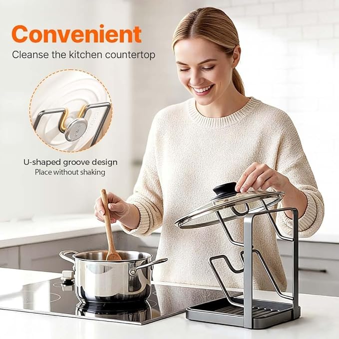Space-Saving Pot Lid Holder & Spoon Rest - 3-in-1 Organizer with Drip Tray, Keeps Countertops Clear While Cooking (Multifunctional Kitchen Rack)