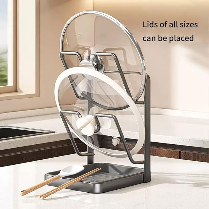 Kitchen Pot Lid Storage Rack,Thickened Carbon Steel Material Pot Lid Holder While Cooking, Lid And Spoon Rest,Multifunctional Kitchen Pot Cover Organizer,With Removable Drip Tray.(Gray,Double)