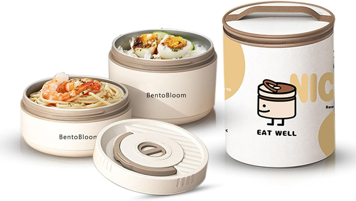 Bento Box Adult — Round Stackable Lunch Box for Women (450ml & 600ml) with Insulated Carry Bag | 304 Stainless Steel Removable Inserts | Microwave & Dishwasher Safe, White