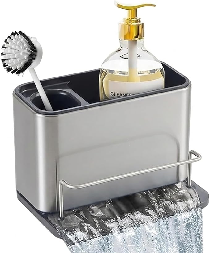 Kitchen Sink Organizer Stainless Steel, Stainless Steel Kitchen Sink Organizer, Compact Multi-Compartment Caddy for Sponges, Brushes & Cleaning Supplies, Rust-Resistant, Easy to Clean